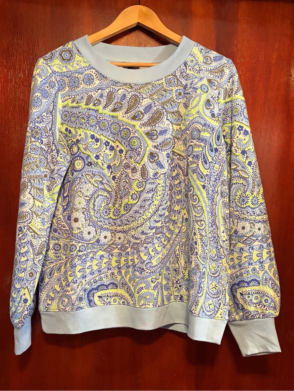 Talbots Light Blue and Yellow Paisley Crewneck Sweater